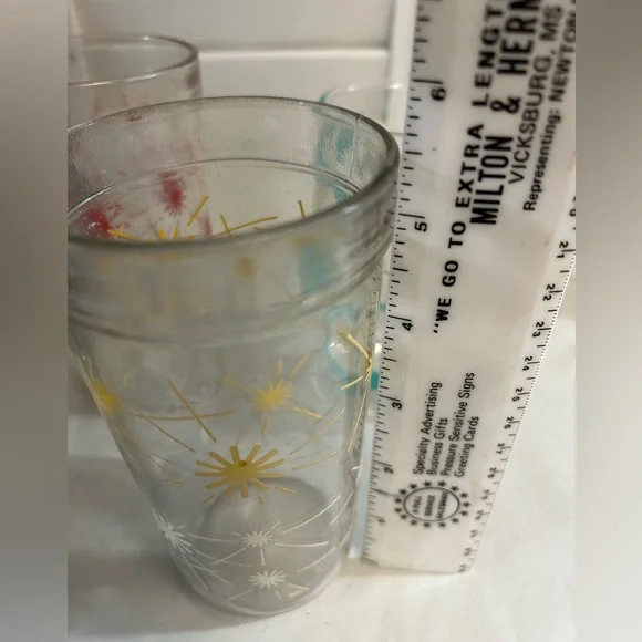 3 Vintage 50s 60s atomic drink glass Starburst Boomerang Teal Red Yellow MCM - Picture 14 of 16